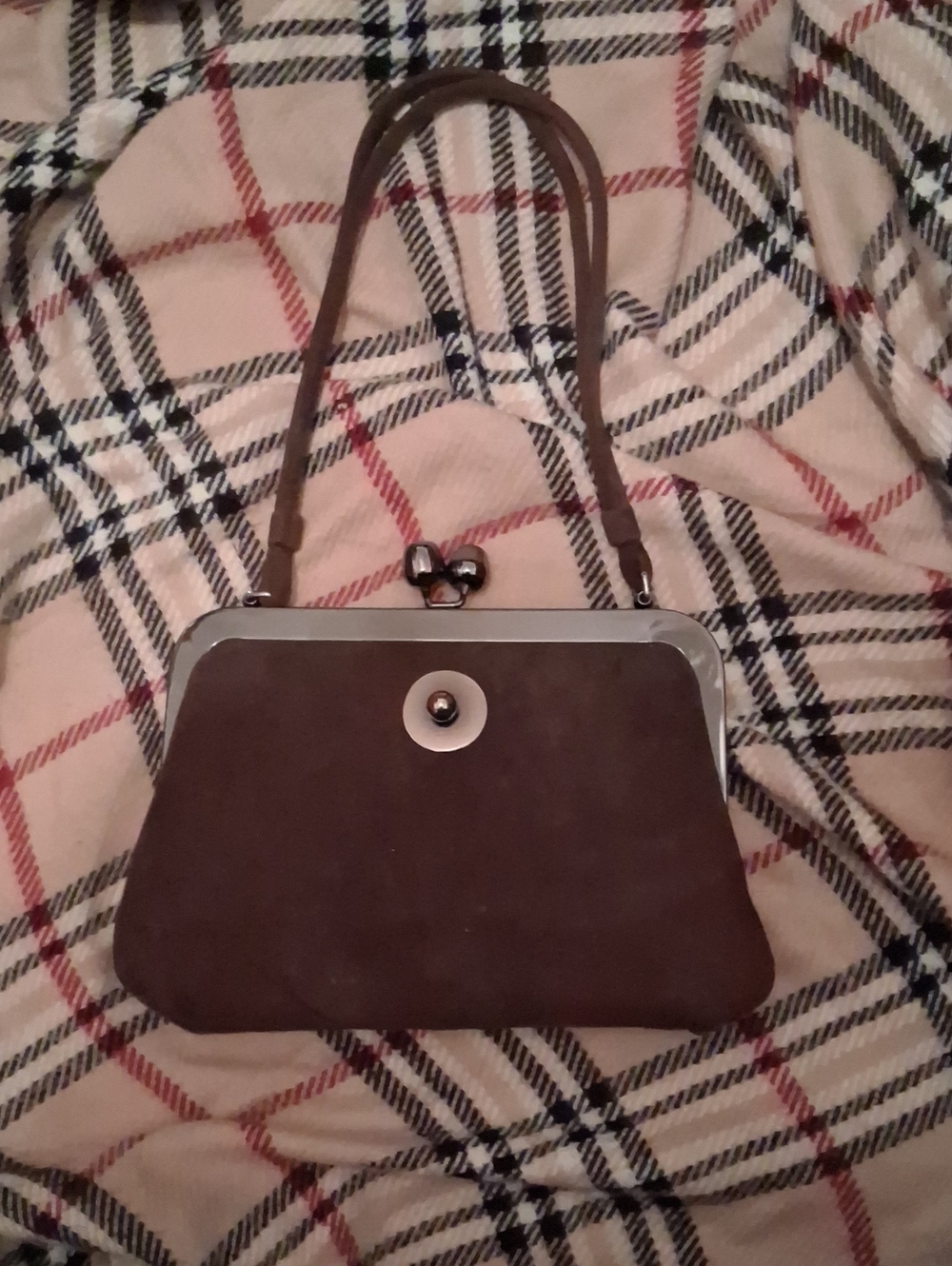 Vintage Chocolate Brown Faux Suede Kiss Lock Frame Purse by Saber 9.5x6.5